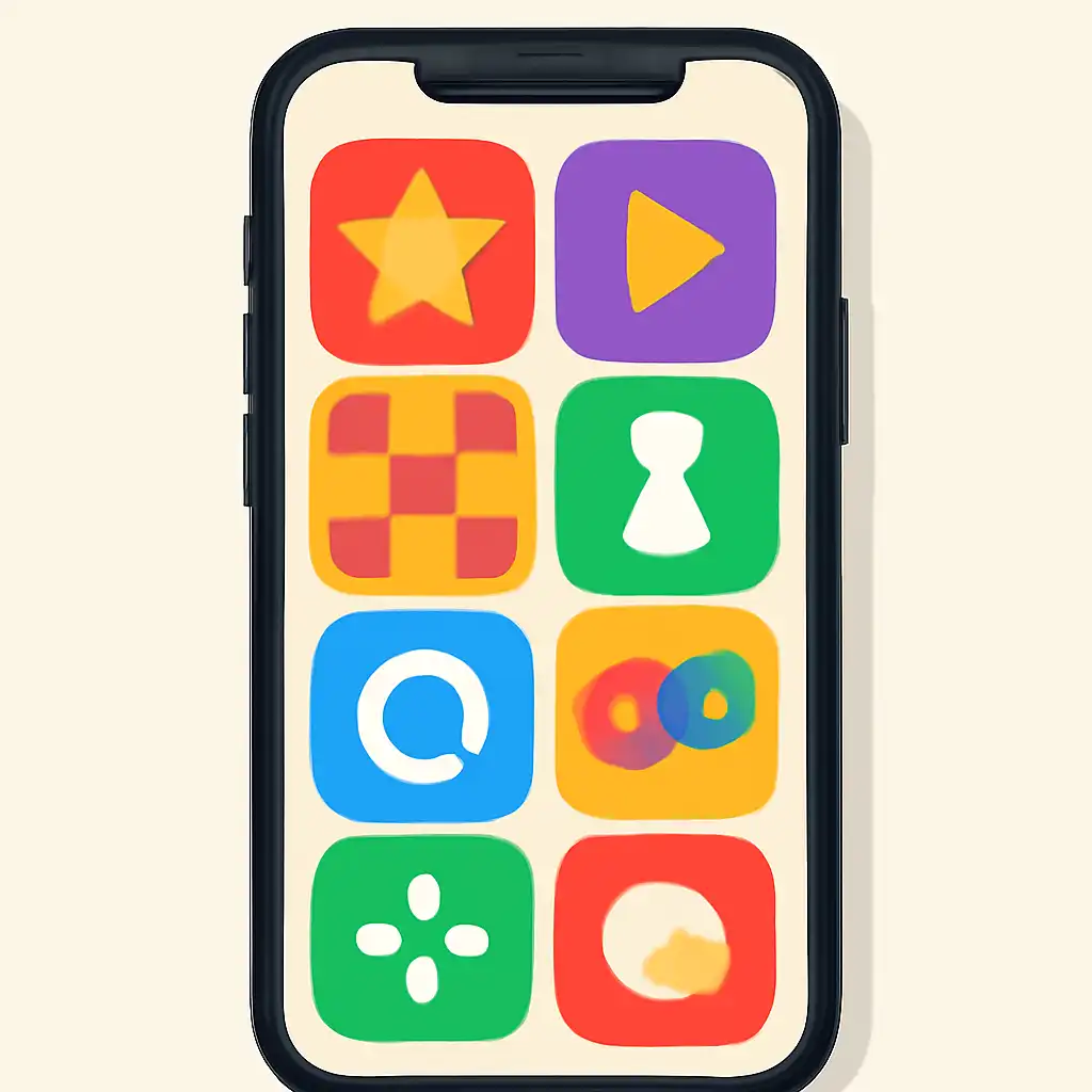 Smartphone shown from the front displaying a colourful flat layout of abstract game icons and rounded tiles (no text, no letters, no labels), TC Game