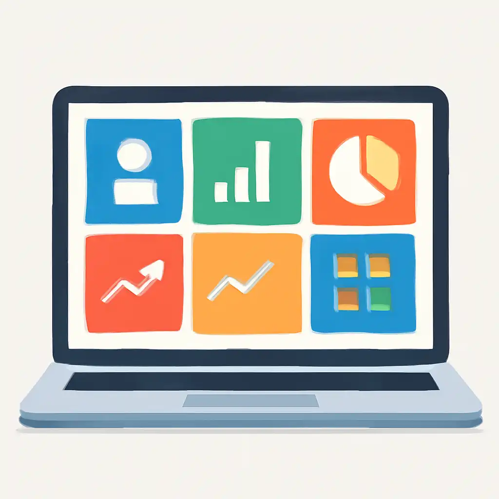 Laptop shown from the front displaying a colourful flat dashboard of abstract charts, bars and icon tiles (no text, no letters, no labels), TC Game