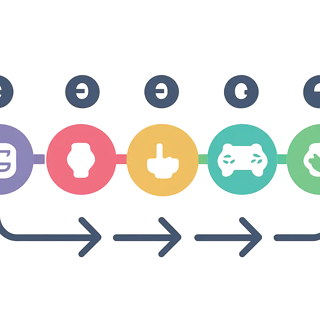 Five numbered circular icons connected by arrows in a horizontal flow, flat illustration, icons only, no words, TC Game steps